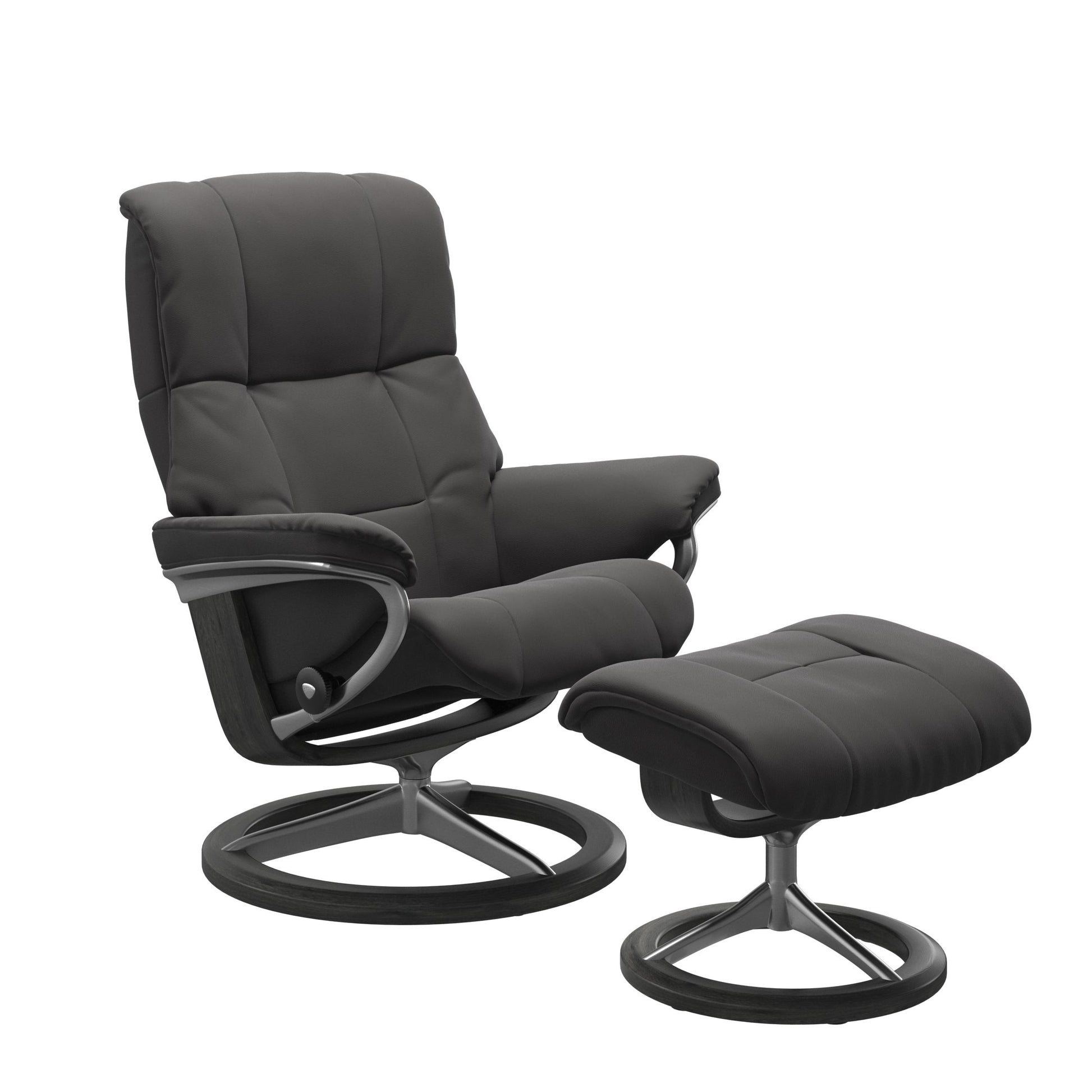 Luxurious leather recliner in dark grey color with a signature grey wood and adjustable ottoman.