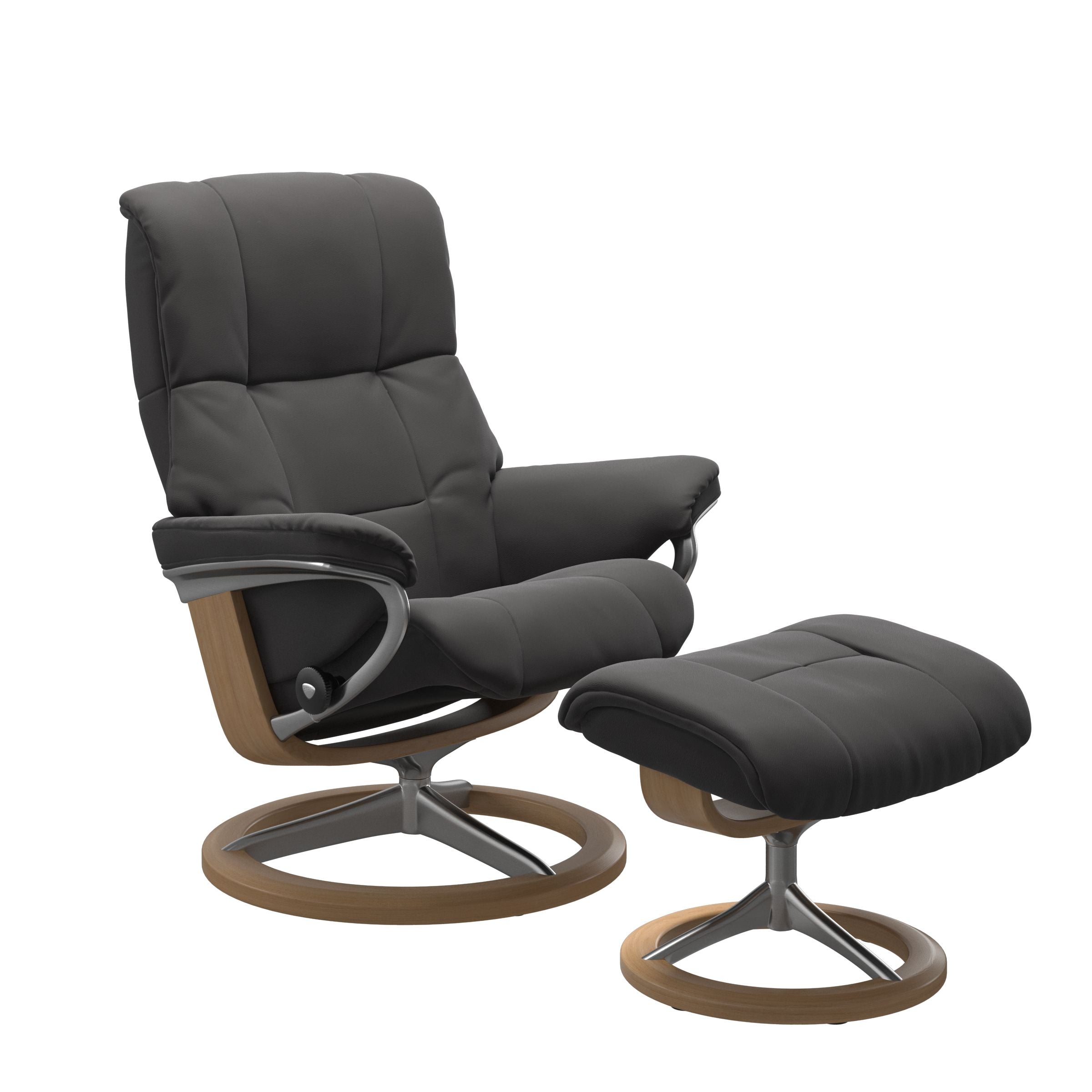 Paloma rock colored reclining chair with matching ottoman, both featuring padded cushions and oak circular base. 