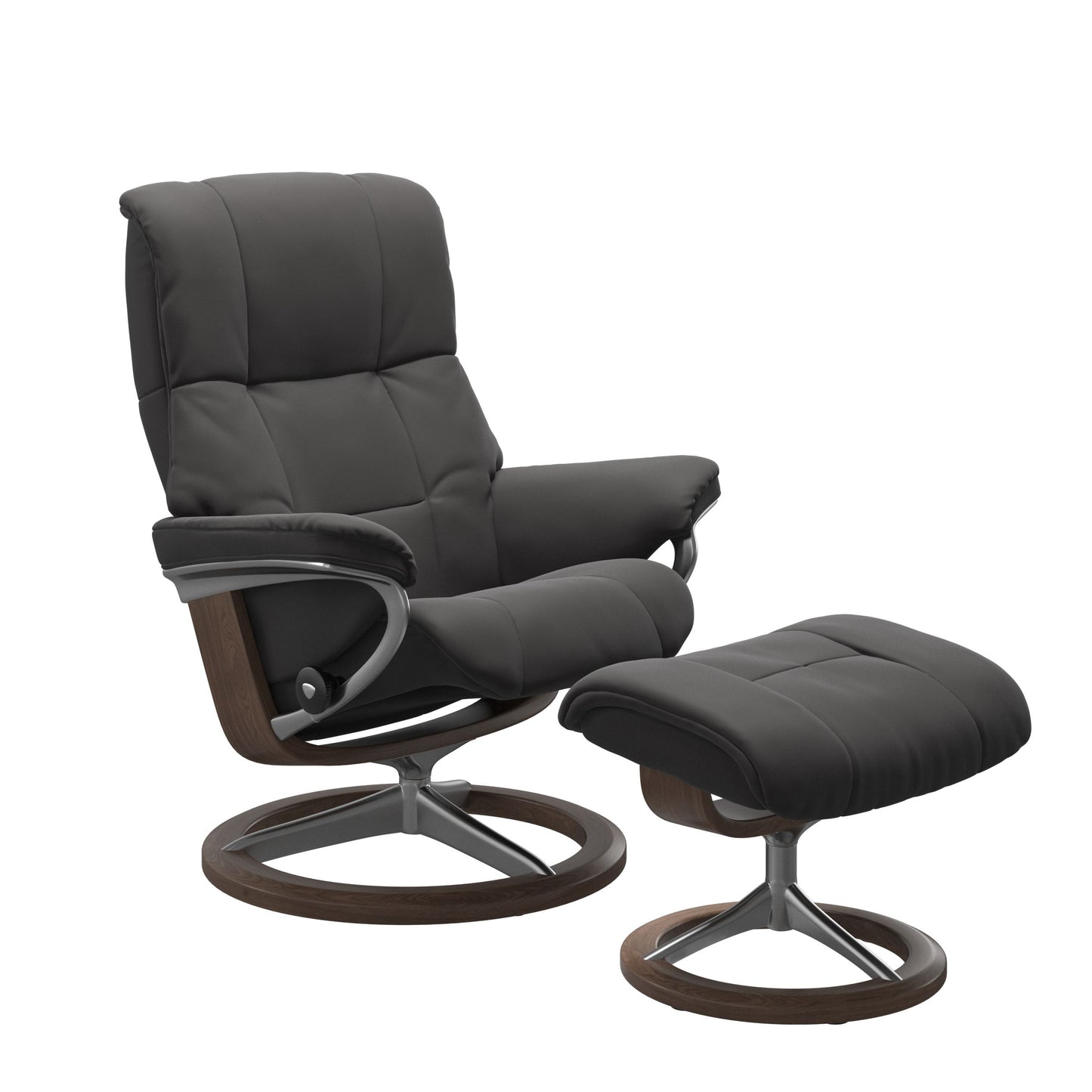Paloma rock colored reclining chair with matching ottoman, both featuring padded cushions and walnut circular base. 