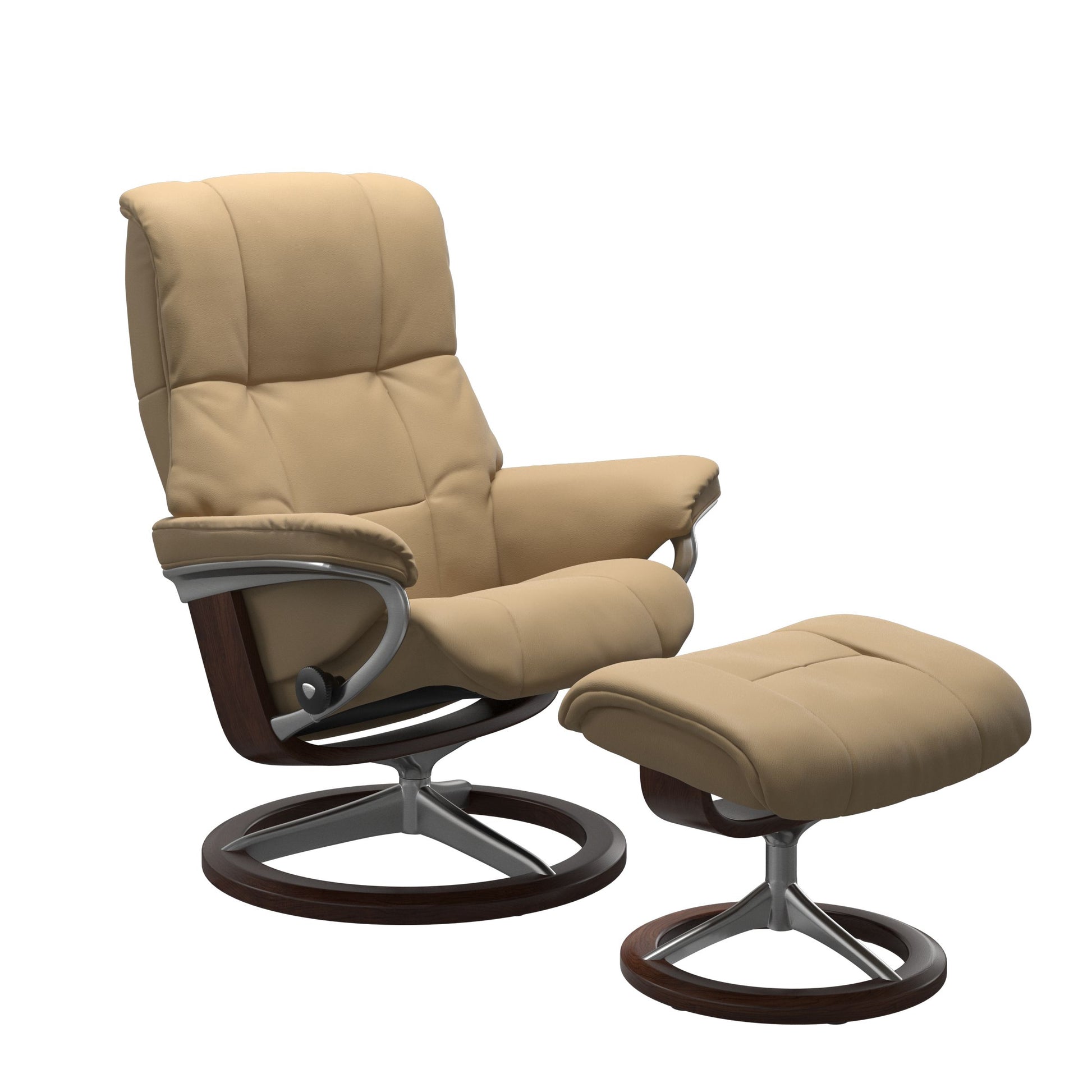 Luxurious leather recliner in Paloma sand color with a signature brown wood  and adjustable ottoman.