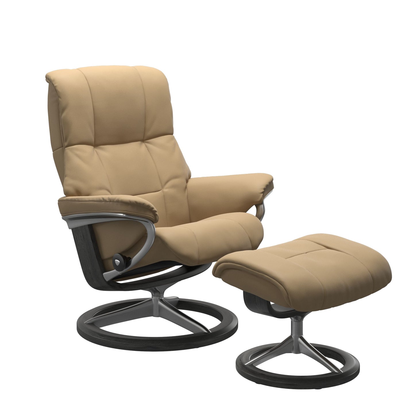 Luxurious leather recliner in Paloma sand color with a signature grey wood and adjustable ottoman.