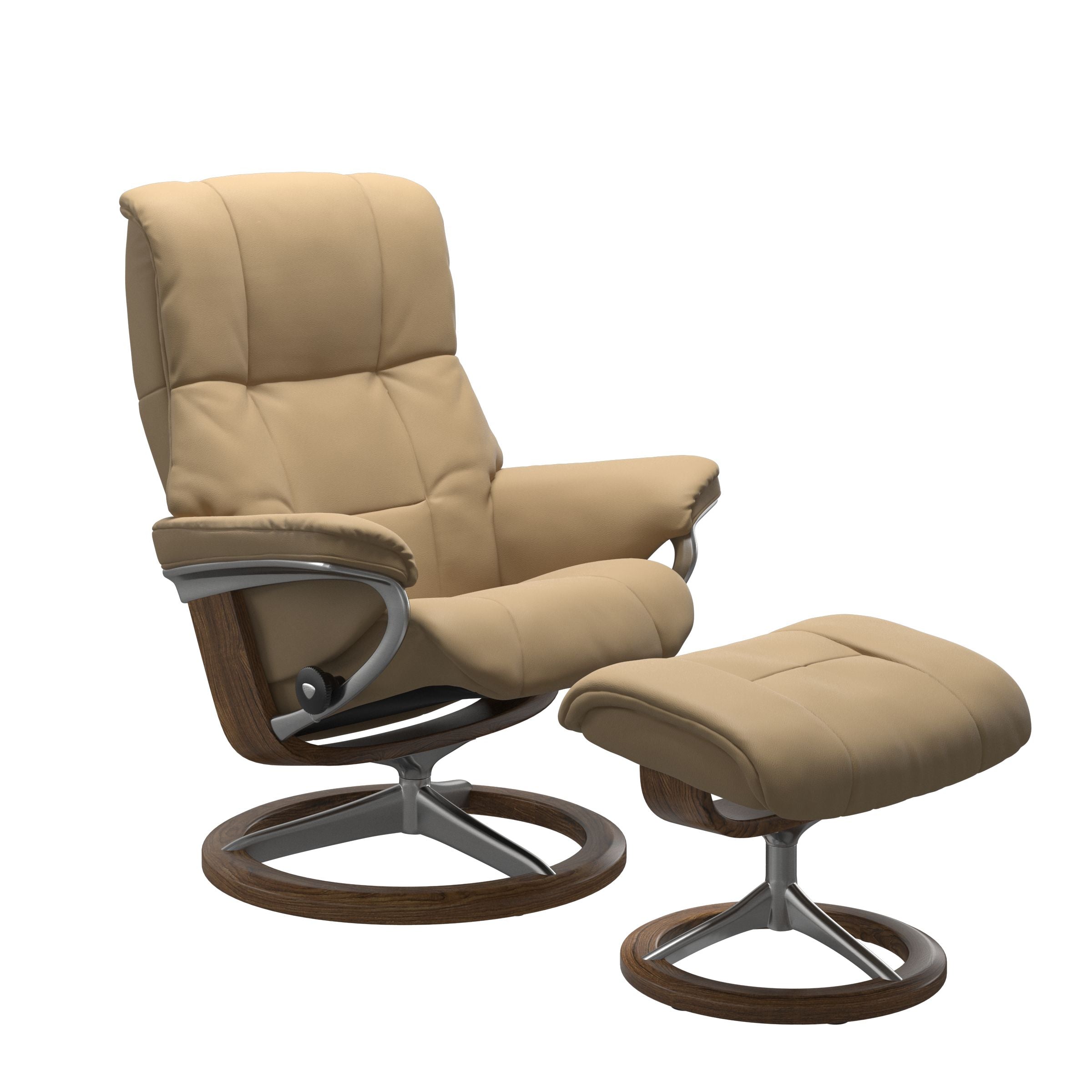 Paloma sand colored reclining chair with matching ottoman, both featuring padded cushions and teak circular base. 
