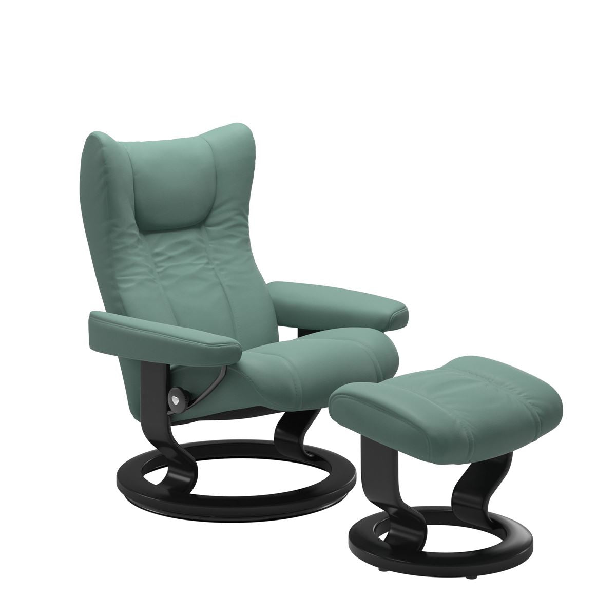 Stressless Wing Small Recliner in Paloma Aqua Green and Ottoman with Classic Base in black