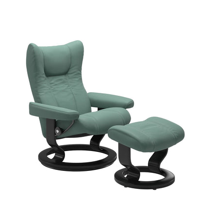 Stressless Wing Small Recliner in Paloma Aqua Green and Ottoman with Classic Base in black