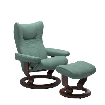 Stressless Wing Small Recliner in Paloma Aqua Green and Ottoman with Classic Base in brown