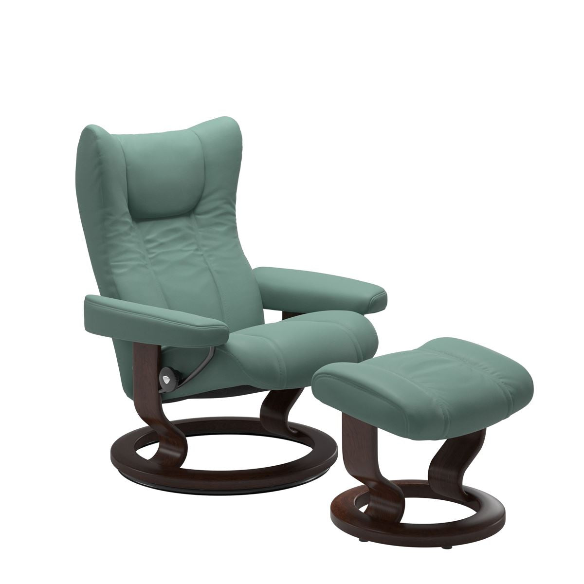 Stressless Wing Small Recliner in Paloma Aqua Green and Ottoman with Classic Base in brown