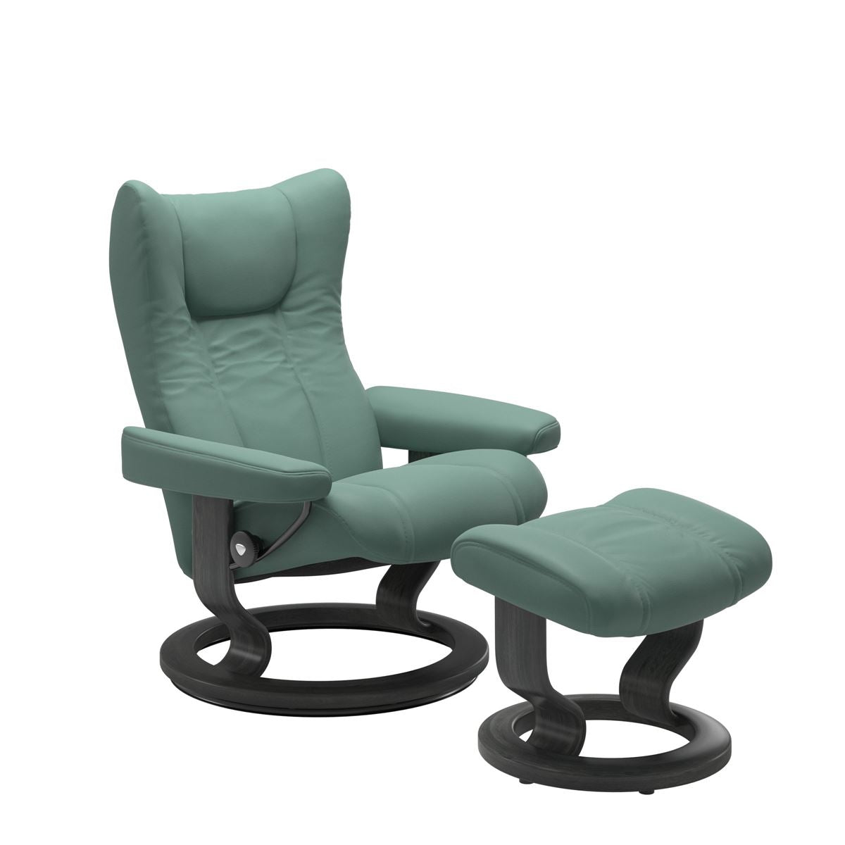 Stressless Wing Small Recliner in Paloma Aqua Green and Ottoman with Classic Base in grey