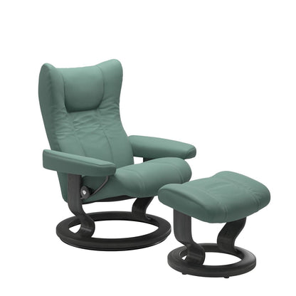 Stressless Wing Small Recliner in Paloma Aqua Green and Ottoman with Classic Base in grey