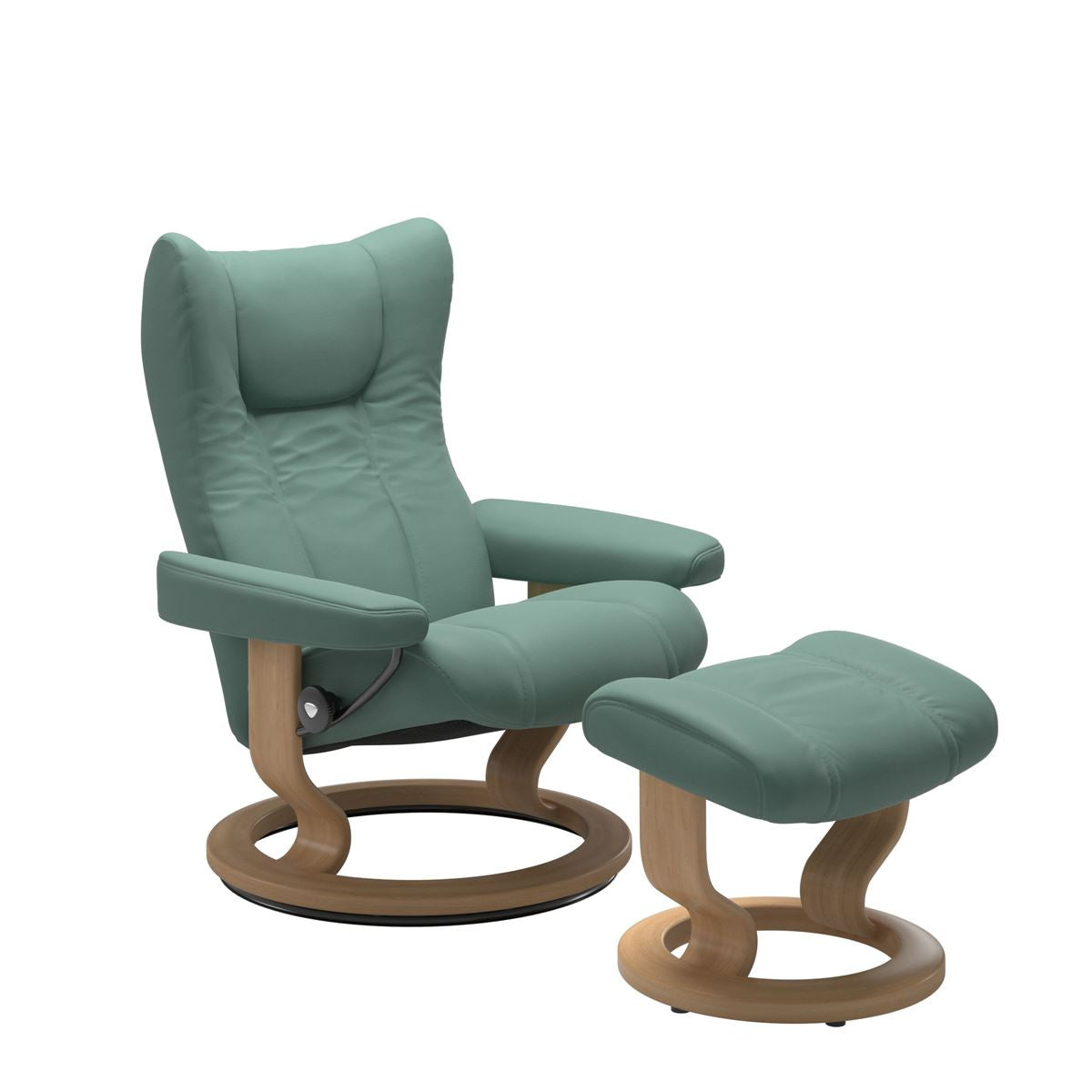 Stressless Wing Small Recliner in Paloma Aqua Green and Ottoman with Classic Base in oak