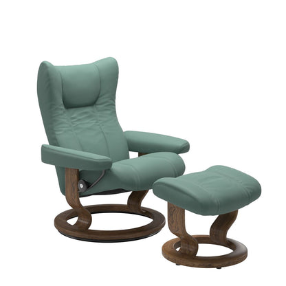 Stressless Wing Small Recliner in Paloma Aqua Green and Ottoman with Classic Base in teak