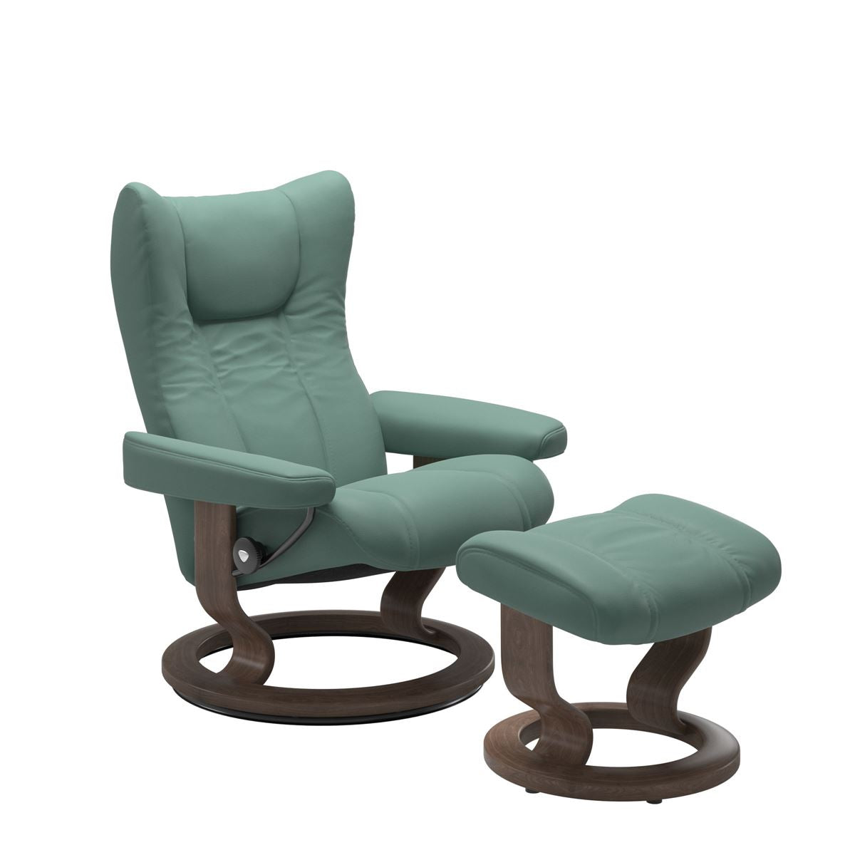 Stressless Wing Small Recliner in Paloma Aqua Green and Ottoman with Classic Base in walnut