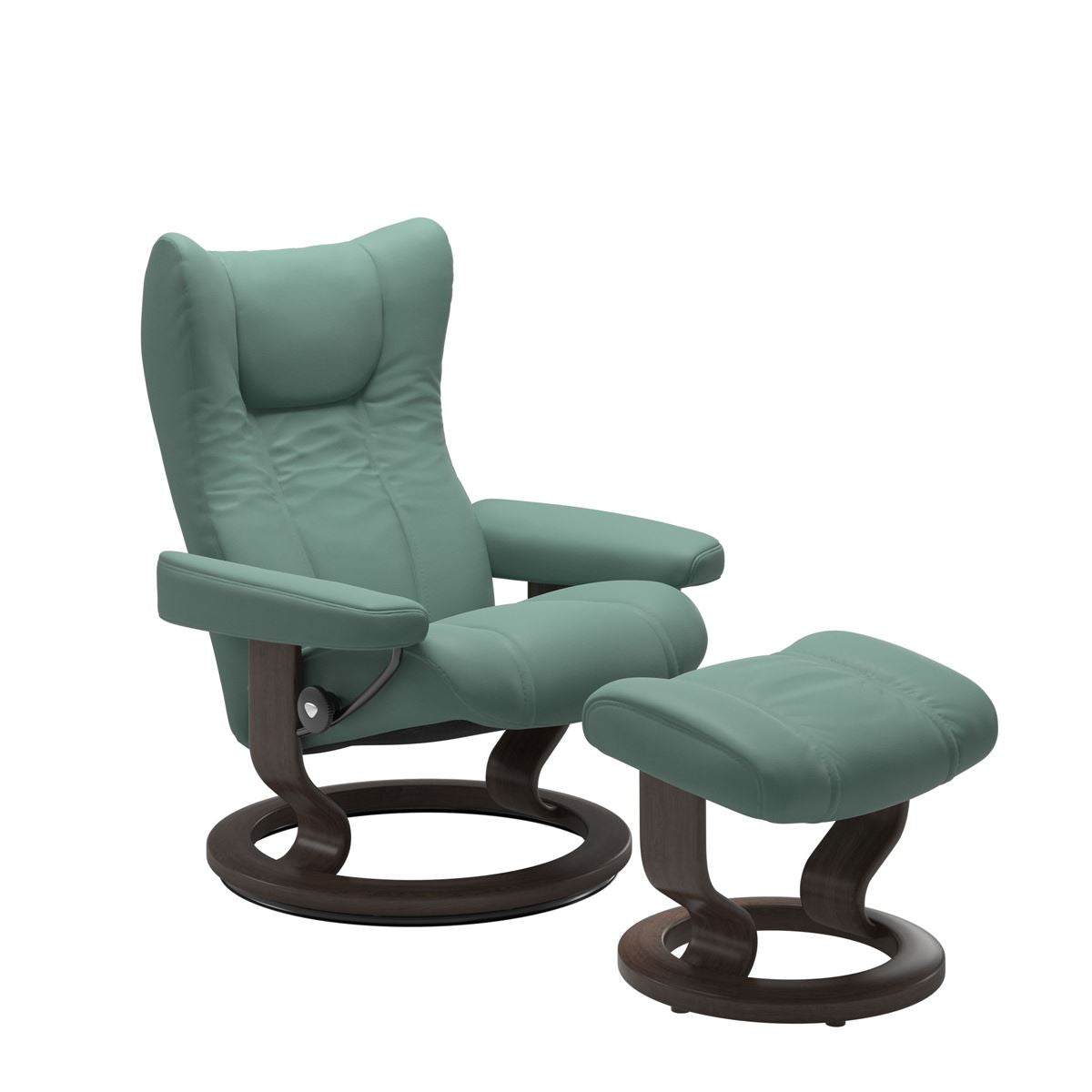 Modern reclining chair with matching ottoman, featuring aqua green  upholstery, and classic round wooden base in wenge with padded armrest. 
