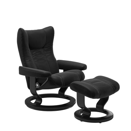 Stressless Wing Small Recliner in Paloma Black and Ottoman with Classic Base in black