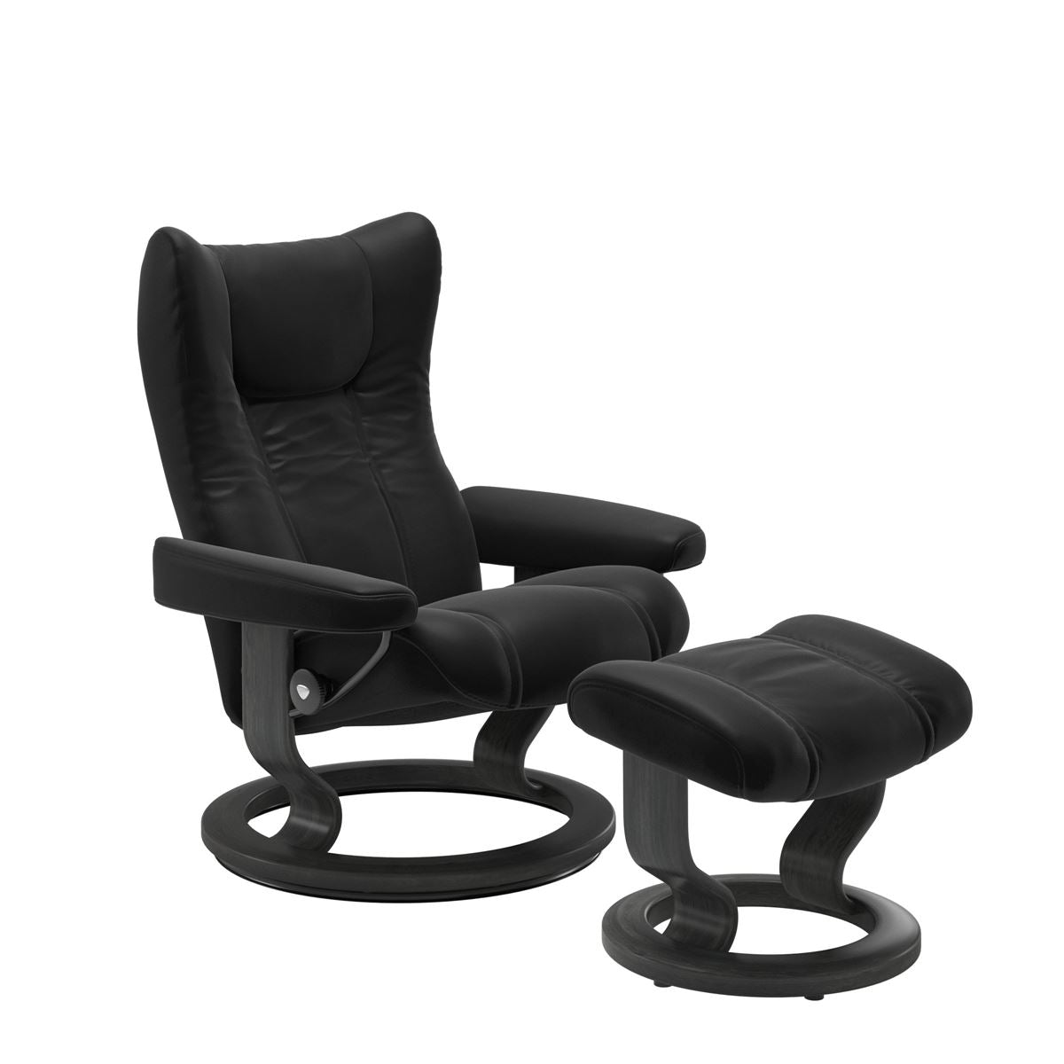 Stressless Wing Small Recliner in Paloma Black and Ottoman with Classic Base in grey