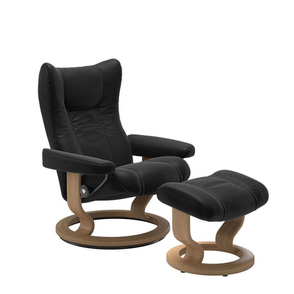Stressless Wing Small Recliner in Paloma Black and Ottoman with Classic Base in oak