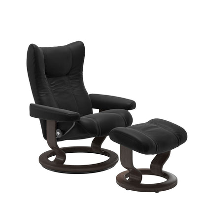 Stressless Wing Small Recliner in Paloma Black and Ottoman with Classic Base in wenge