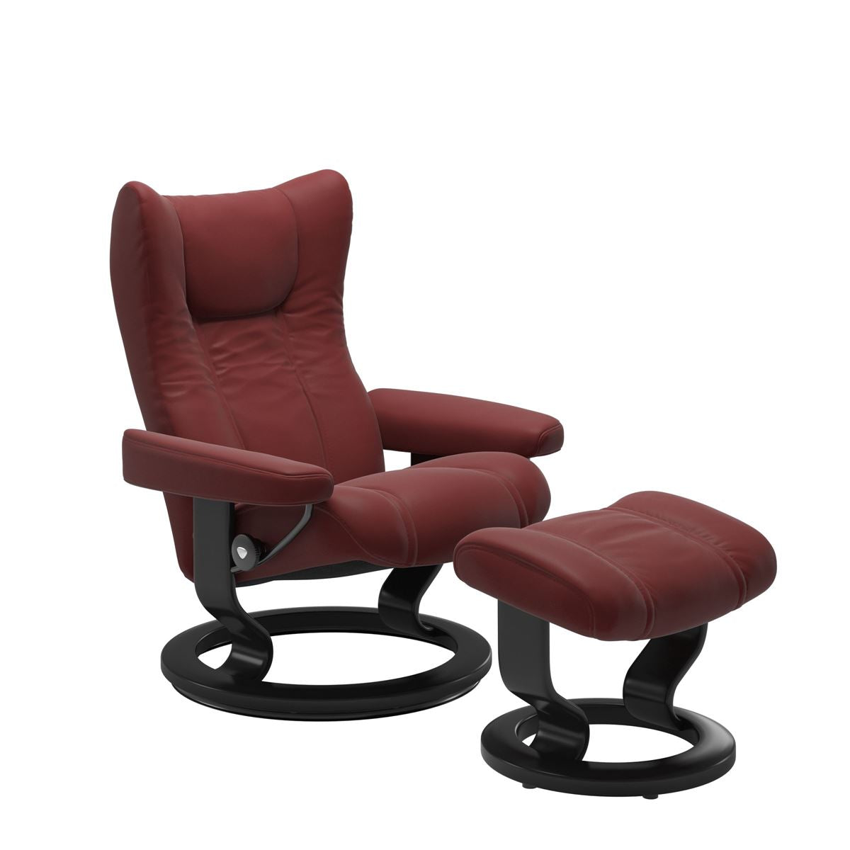Modern reclining chair with matching ottoman, featuring cherry upholstery, and classic round wooden base in black with padded armrest. 