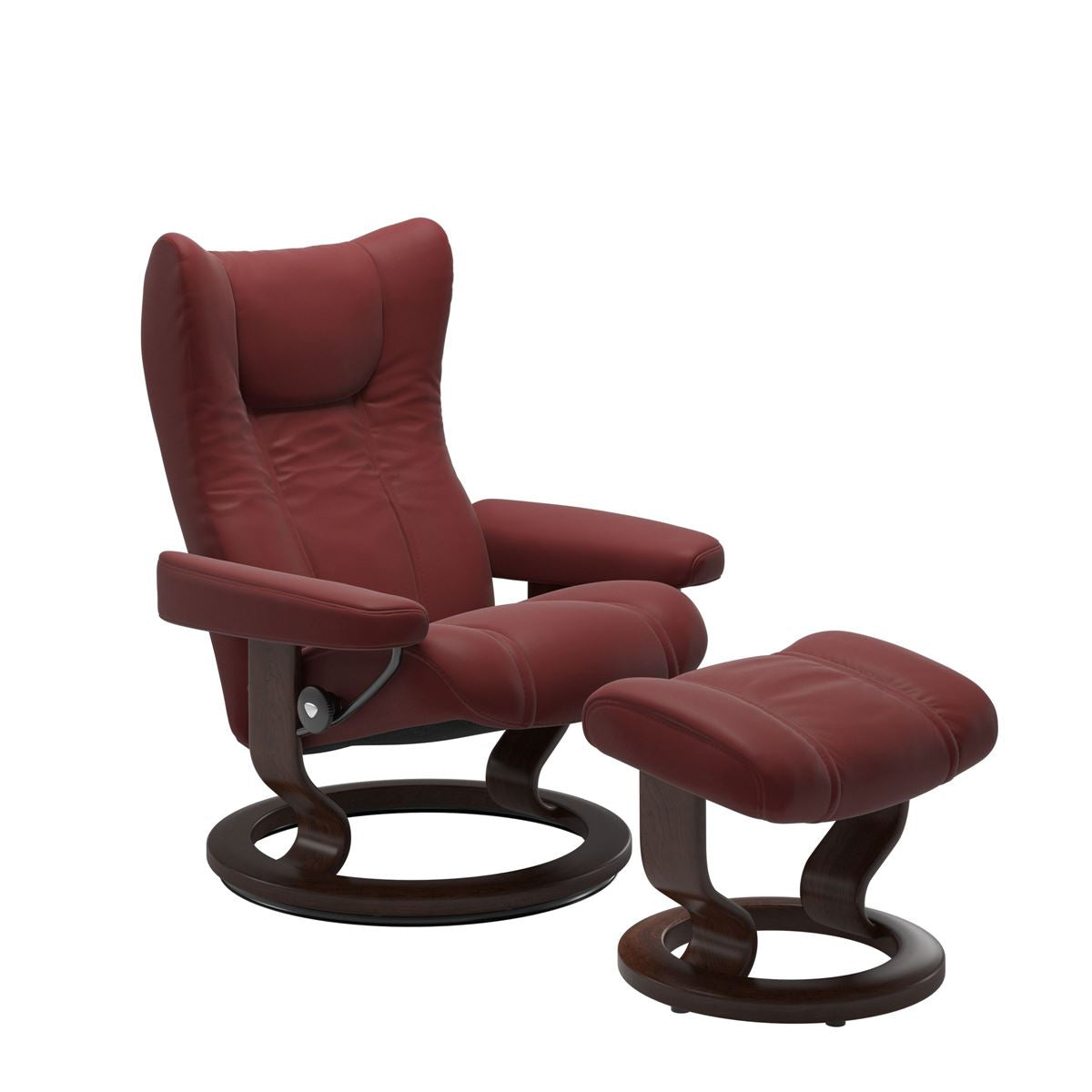 Stressless Wing Small Recliner in Paloma Cherry and Ottoman with Classic Base in brown