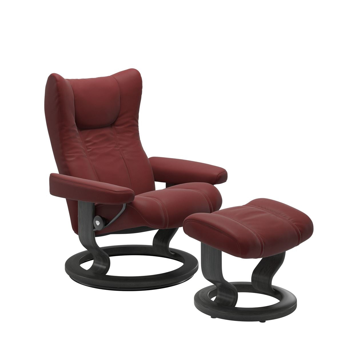 Stressless Wing Small Recliner in Paloma Cherry and Ottoman with Classic Base in grey