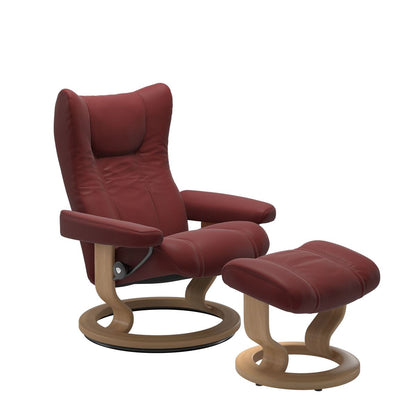 Stressless Wing Small Recliner in Paloma Cherry and Ottoman with Classic Base in oak