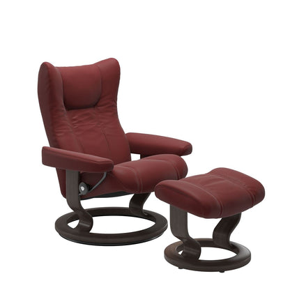 Stressless Wing Small Recliner in Paloma Cherry and Ottoman with Classic Base in wenge