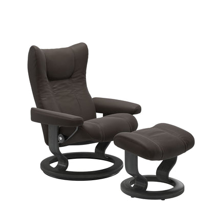 Stressless Wing Small Recliner in Paloma Chestnut and Ottoman with Classic Base in grey