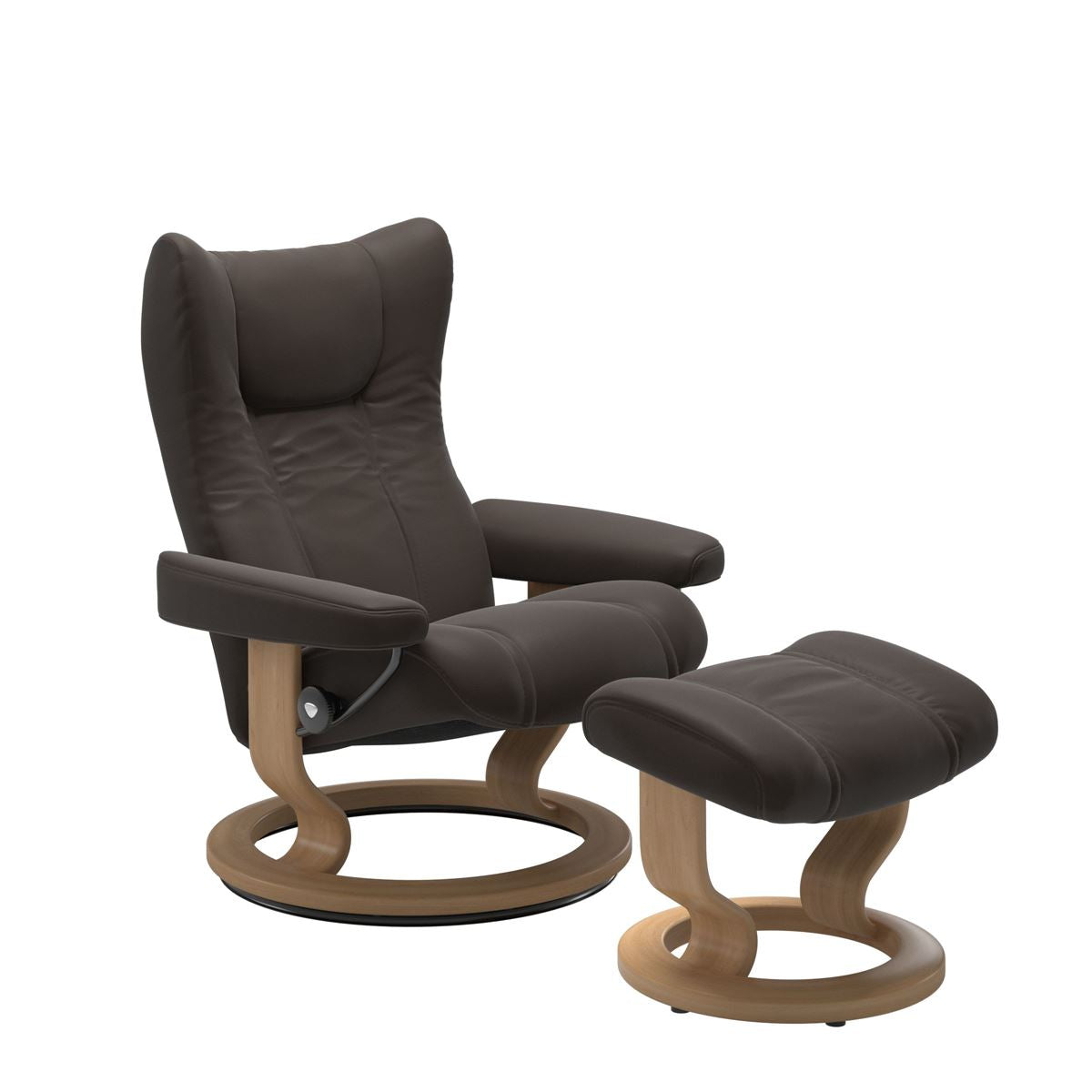 Modern reclining chair with matching ottoman, featuring chestnut upholstery, and classic round wooden base in oak with padded armrest. 