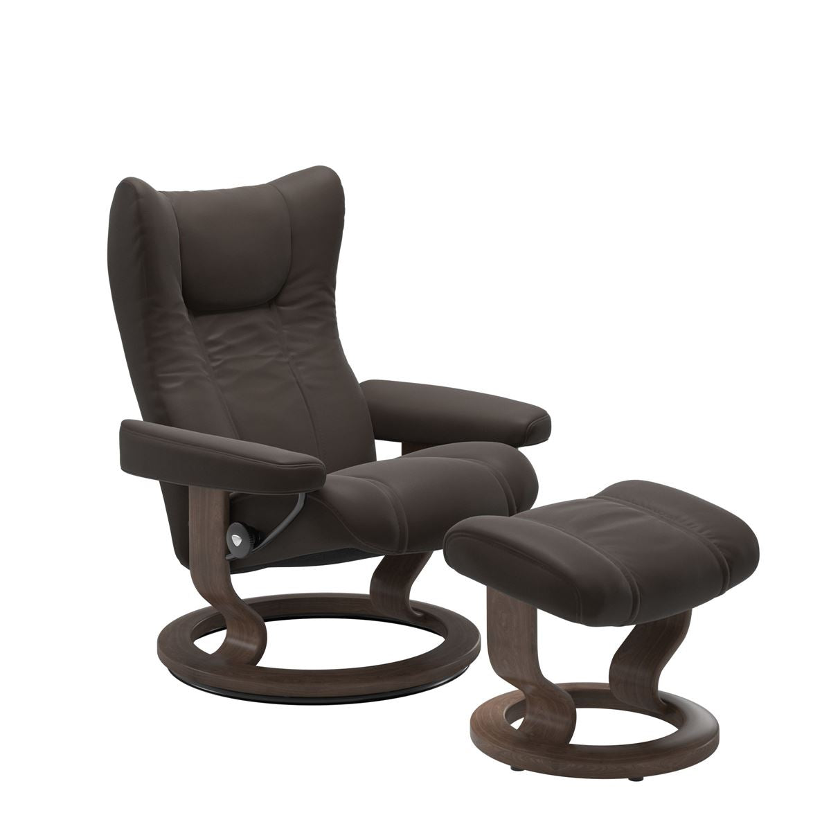 Modern reclining chair with matching ottoman, featuring chestnut upholstery, and classic round wooden base in walnut with padded armrest. 