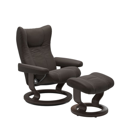 Stressless Wing Small Recliner in Paloma Chestnut and Ottoman with Classic Base in wenge