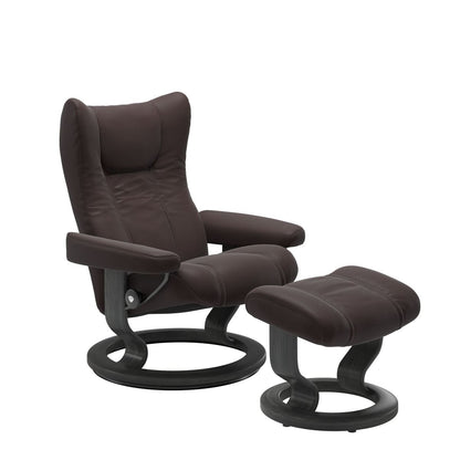 Stressless Wing Small Recliner in Paloma Chocolate and Ottoman with Classic Base in grey