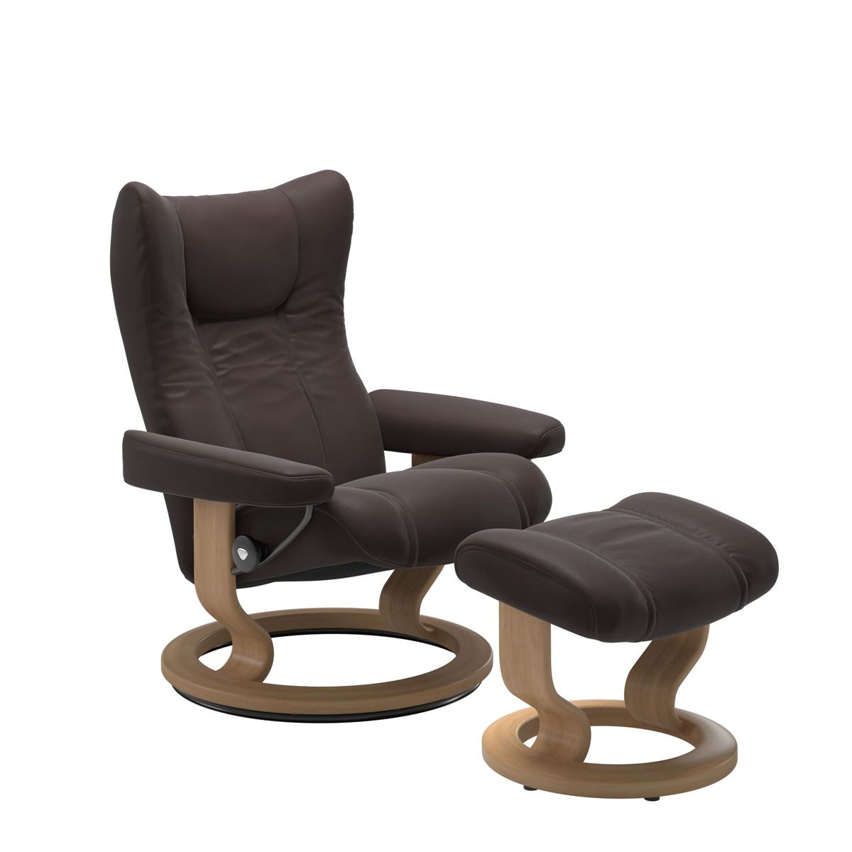 Stressless Wing Small Recliner in Paloma chocolate and Ottoman with Classic Base in oak