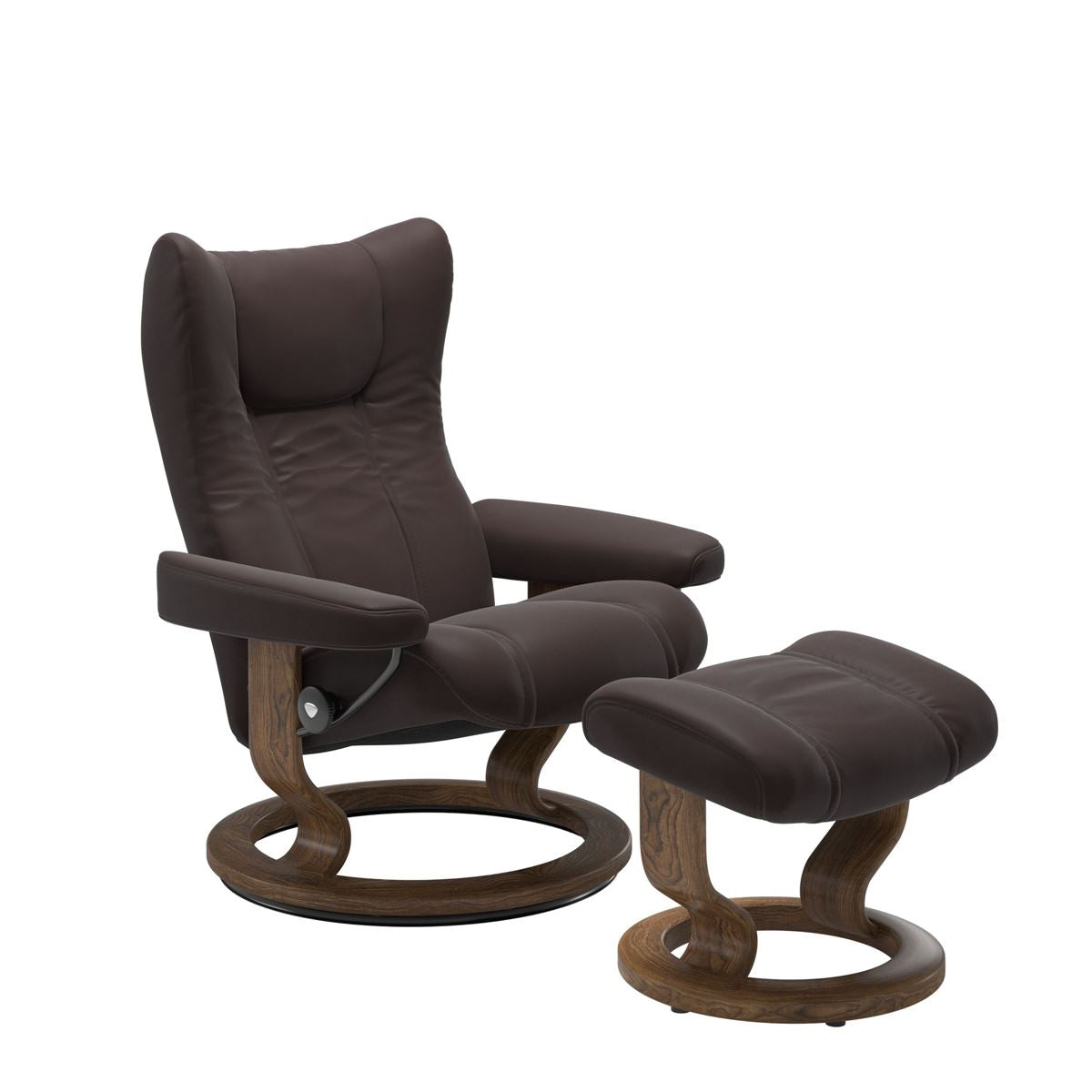 Stressless Wing Small Recliner in Paloma Chocolate and Ottoman with Classic Base in teak