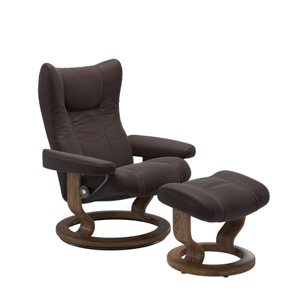 Stressless Wing Small Recliner in Paloma chocolate and Ottoman with Classic Base in teak