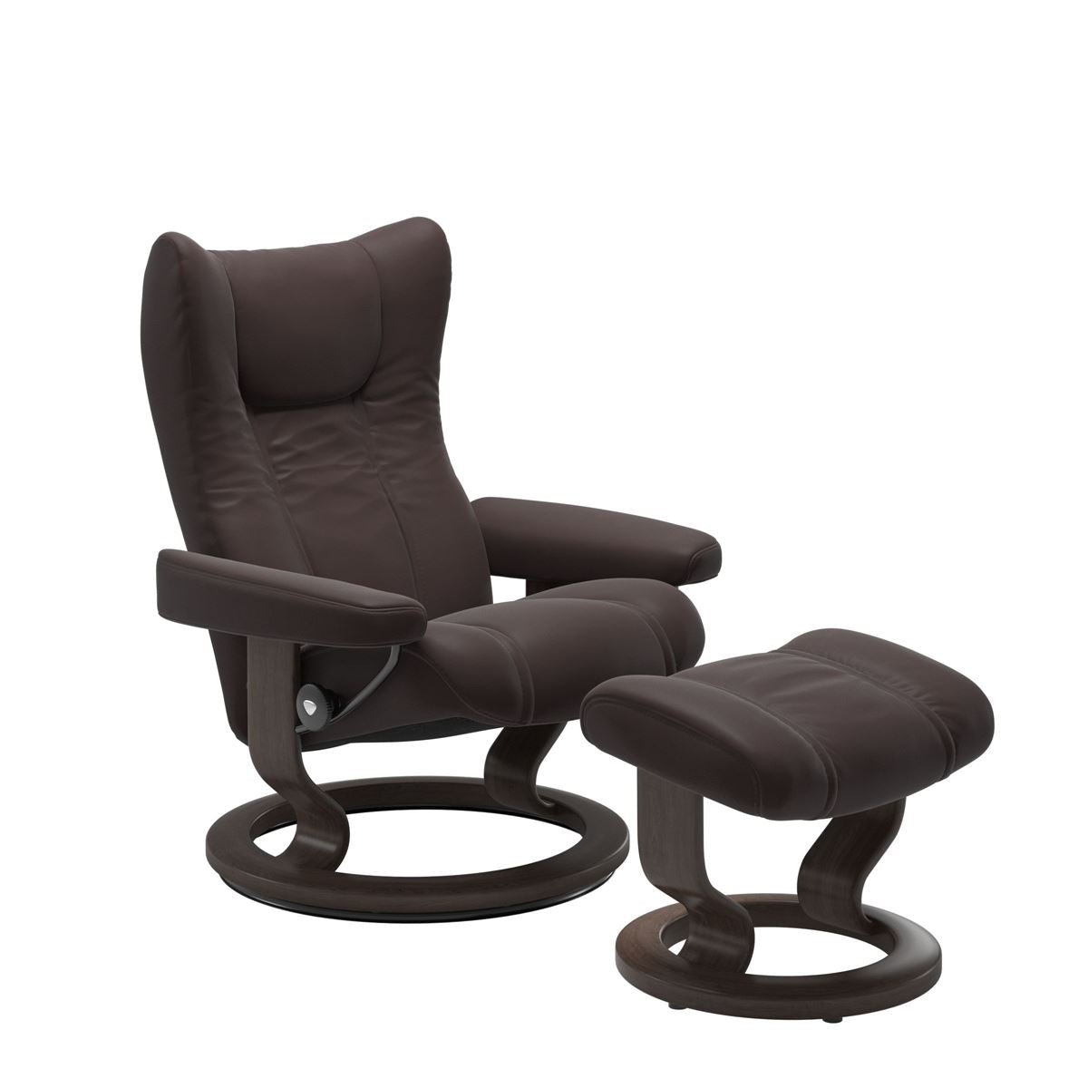 Modern reclining chair with matching ottoman, featuring chocolate upholstery, and classic round wooden base in wenge with padded armrest. 
