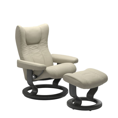 Stressless Wing Small Recliner in Paloma light grey and Ottoman with Classic Base in grey