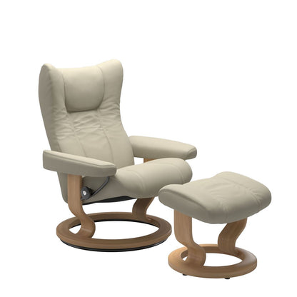 Stressless Wing Small Recliner in Paloma Light Grey and Ottoman with Classic Base in oak