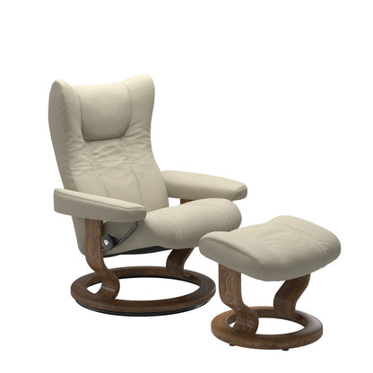 Stressless Wing Small Recliner in Paloma Light Grey and Ottoman with Classic Base in teak