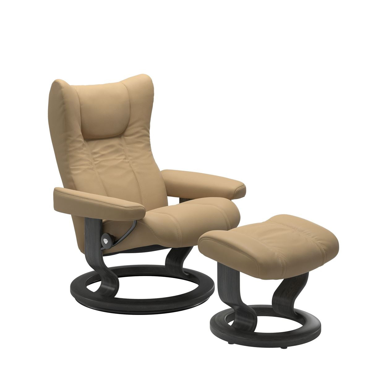 Modern reclining chair with matching ottoman, featuring sand upholstery, and classic round wooden base in grey with padded armrest. 