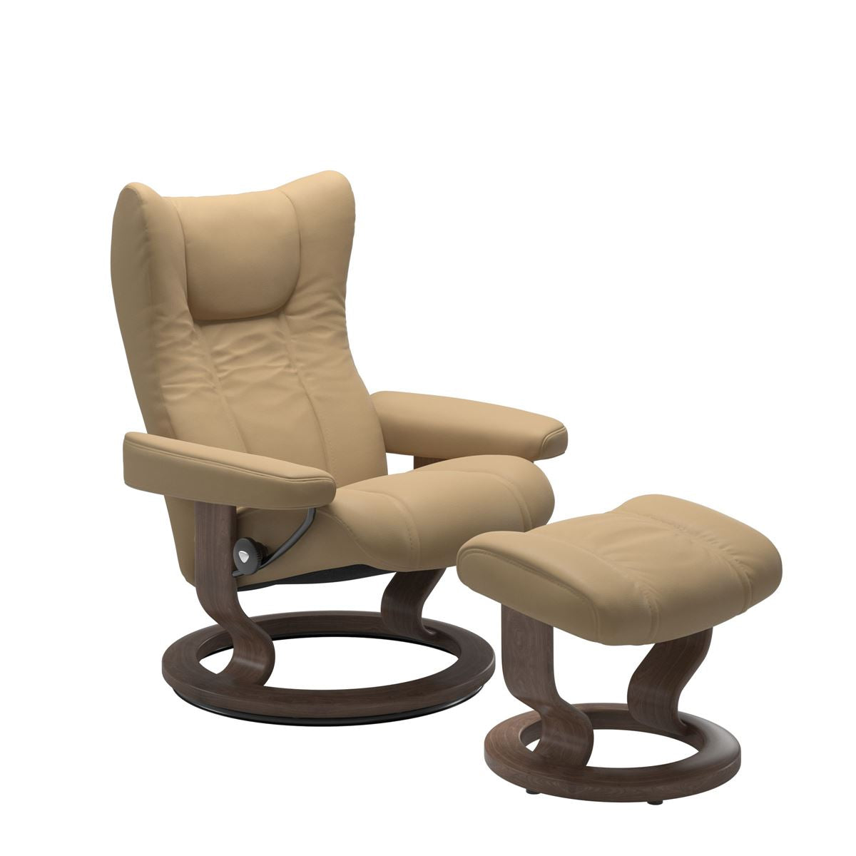 Stressless Wing Small Recliner in Paloma Sand and Ottoman with Classic Base in walnut