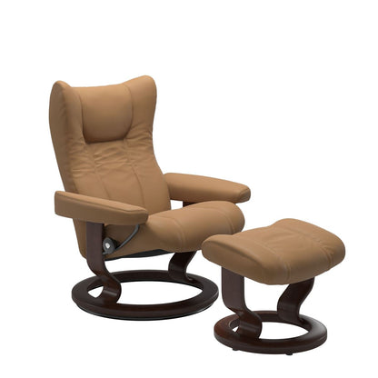 Stressless Wing Small Recliner in Paloma Taupe and Ottoman with Classic Base in brown
