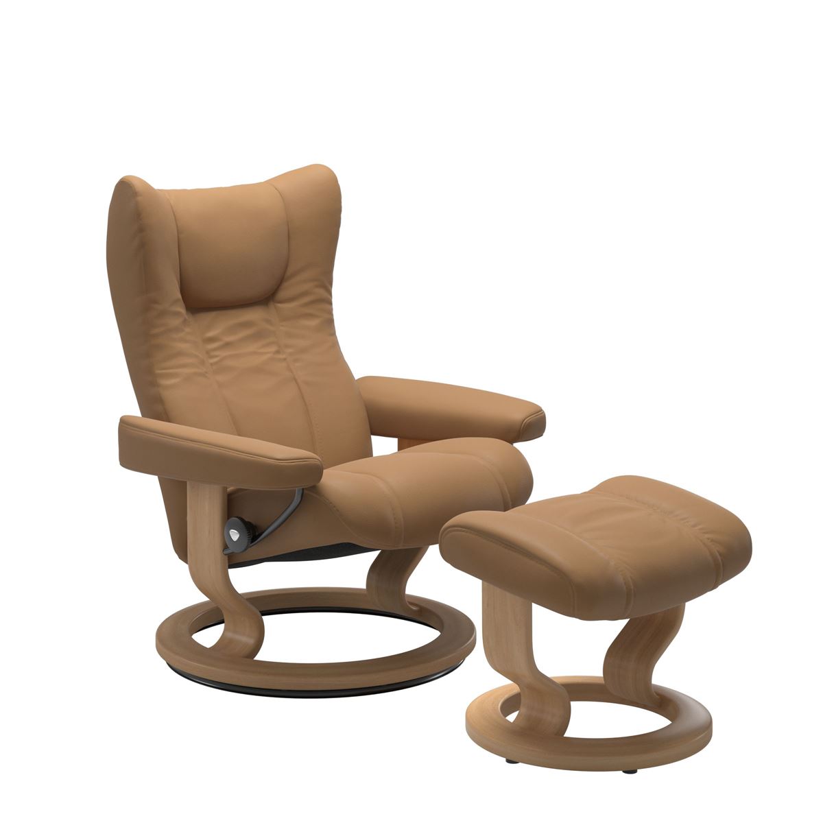 Stressless Wing Small Recliner in Paloma taupe and Ottoman with Classic Base in oak