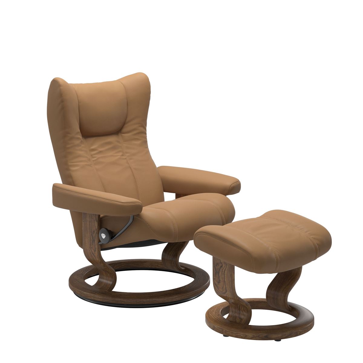 Stressless Wing Small Recliner in Paloma Taupe and Ottoman with Classic Base in teak