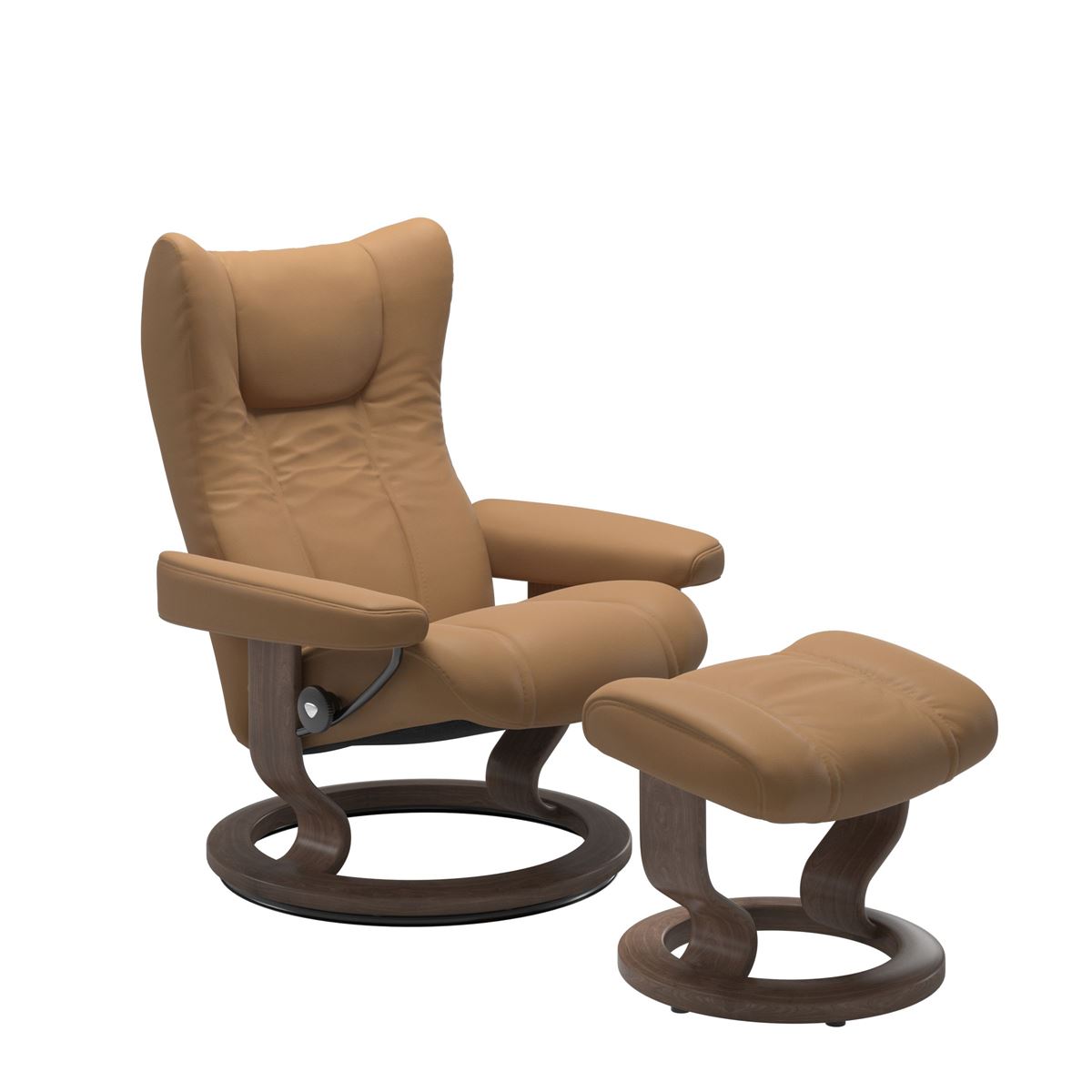 Modern reclining chair with matching ottoman, featuring taupe upholstery, and classic round wooden base in walnut with padded armrest. 