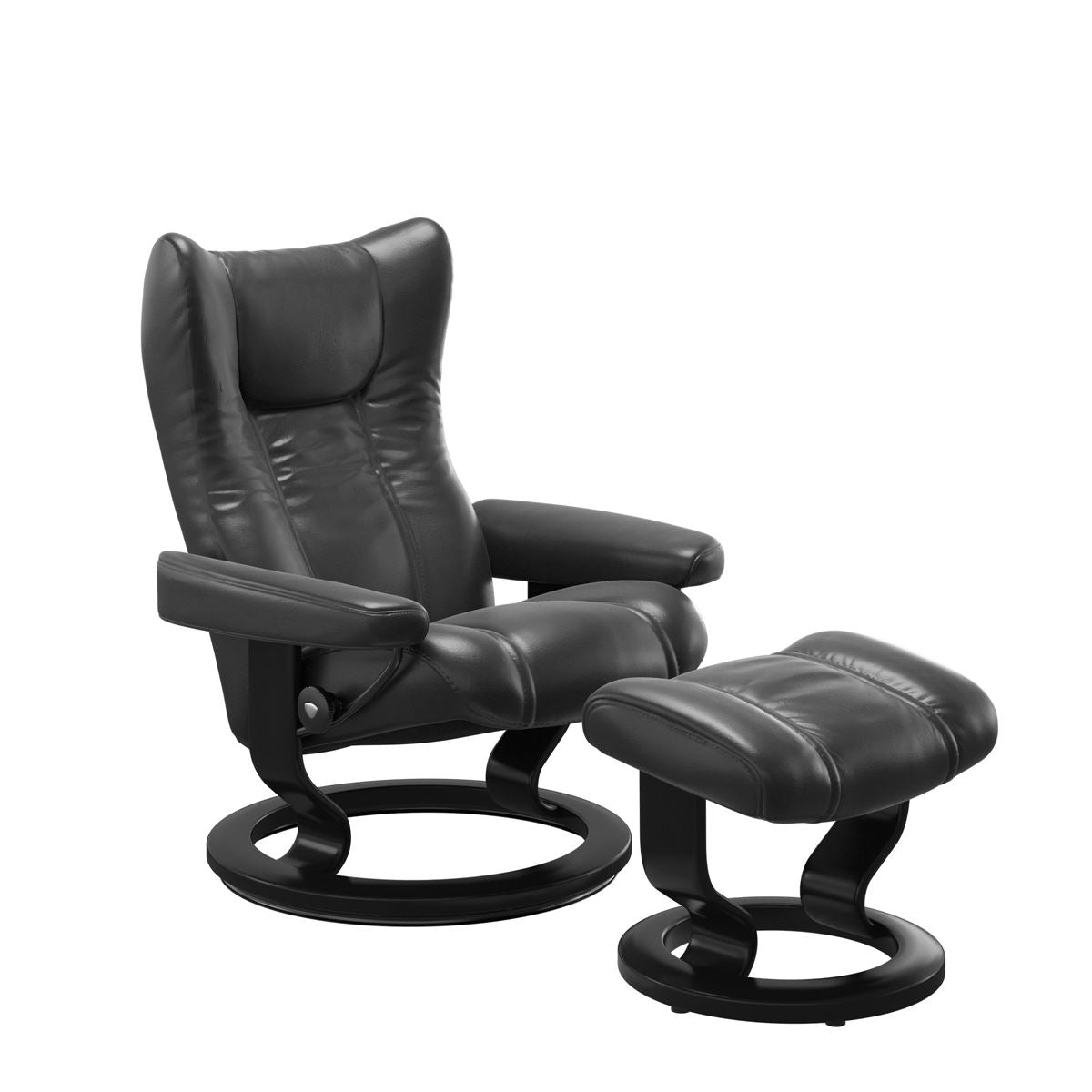 Stressless Wing Small Recliner in Paloma pioneer black and Ottoman with Classic Base in black