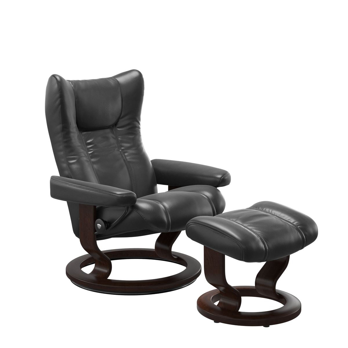 Stressless Wing Small Recliner in Paloma pioneer black and Ottoman with Classic Base in brown