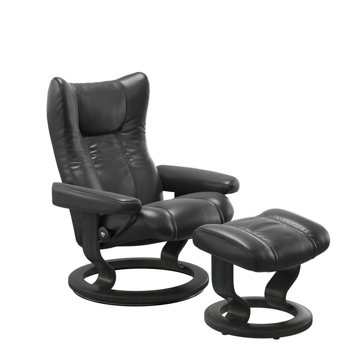 Stressless Wing Small Recliner in Paloma pioneer black and Ottoman with Classic Base in grey