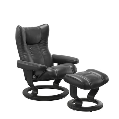 Stressless Wing Small Recliner in Paloma pioneer black and Ottoman with Classic Base in grey
