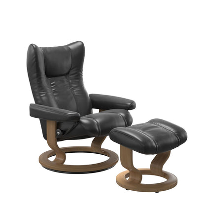 Stressless Wing Small Recliner in Paloma pioneer black and Ottoman with Classic Base in oak