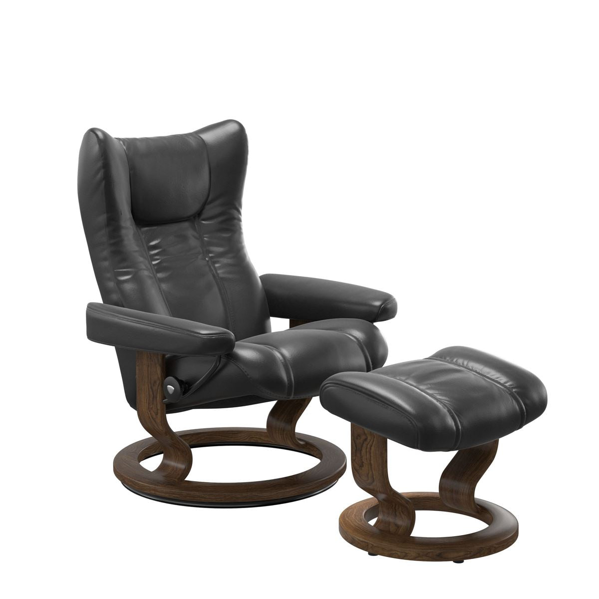Stressless Wing Small Recliner in Paloma pioneer black and Ottoman with Classic Base in teak