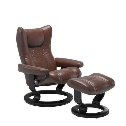 Stressless Wing Small Recliner in Paloma pioneer dark brown and Ottoman with Classic Base in black